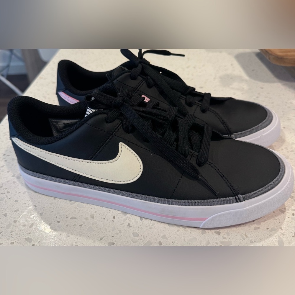 Nike Black Sneakers with Cream Swoosh and Pink Trim